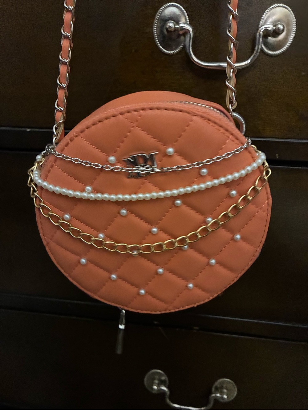 Badgley Mischka Quilted Round Crossbody Bag - Coral with Pearl & Chain Accents
